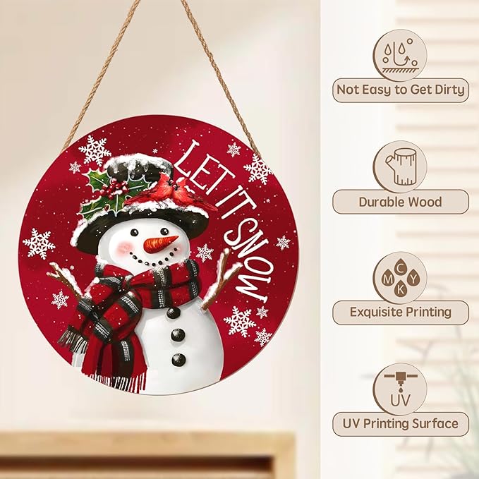 Christmas Snowman Front Door Sign Snowflake Wood Door Hanger for Outdoor Outside Porch Winter Cardinal Birds Decoration Welcome Sign Farmhouse Round Wall Hanging Xmas Wreath Decor for Home 12"x12"