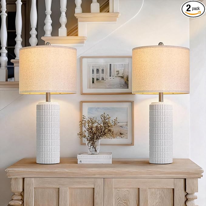 PoKat 27.5'' Tall Table Lamps for Living Room Set of 2, Stone-Like Ceramic Bedroom Lamps for Night Stands, Farmhouse Bedside Lamps for Bedroom Living Room, Nightstand Lamps for End Table, Hallway