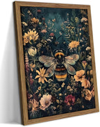 Vintage Framed Wall Art Bee Canvas Prints, Dark College Animals Flowers Wall Decor, Nature Botanical Pictures Art Home Decor for Living Room Bedroom – Dark Wooden Frame 16x24in