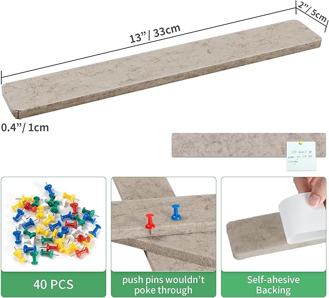Cork Board for Walls - 8 Pack Felt Pin Board Bar Strips - Self-Adhesive Lightweight Bulletin Board - Cork Board for Office with 40 Push Pins No Damage for Wall (Light Coffee)