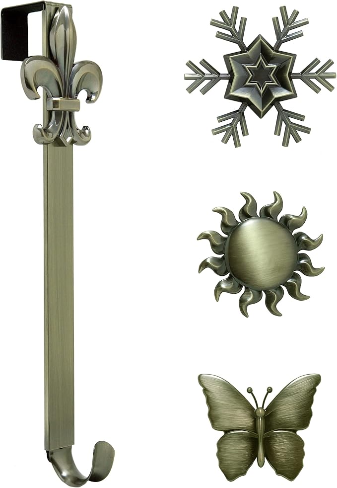 Haute Decor Adapt Adjustable Length Wreath Hanger with Interchangeable Icons (Antique Brass-Sun/Snowflake/Butterfly/Fleur de lis) - 4 Door Wreath Hangers in 1