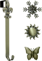 Haute Decor Adapt Adjustable Length Wreath Hanger with Interchangeable Icons (Antique Brass-Sun/Snowflake/Butterfly/Fleur de lis) - 4 Door Wreath Hangers in 1