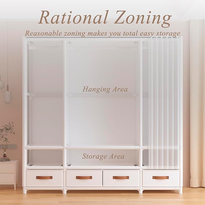 Portable Closet,Portable Closets for Hanging Clothes,Japanese Style Wardrobe Clothing Rack with 2 Drawers,1 Hanging Rods and 2 Storage Shelves,27.5" L x 17.7" W x 65.1" H,White