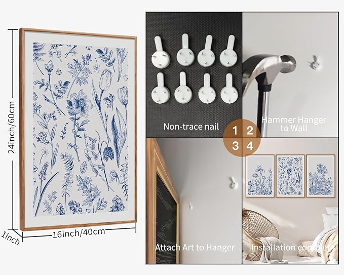 SIGNINART Classic Chinoiserie Framed Canvas Wall Art Set, Blue and White Floral Art Painting, Minimalist Botanical Flower Artwork, Navy Blue Wall Decor for Bedroom, Living Room, Office 24"x36"x3