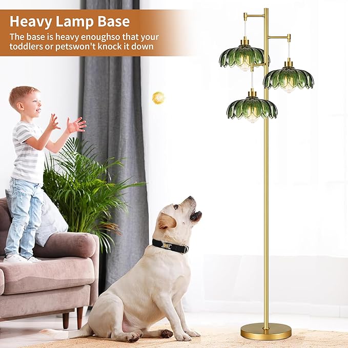 QIYIZM Glass Floor Lamp for Living Room,Bedroom,Mid Century Modern Standing Lamp Brass Tree 3 Light Tall Floor Lamps Vintage Retro Floor Lights Gold Green Flower Lamp Shade Farmhouse Boho Bohemian