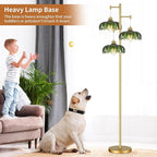 QIYIZM Glass Floor Lamp for Living Room,Bedroom,Mid Century Modern Standing Lamp Brass Tree 3 Light Tall Floor Lamps Vintage Retro Floor Lights Gold Green Flower Lamp Shade Farmhouse Boho Bohemian