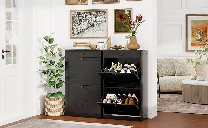 Shoe Storage Cabinet with 2 Flip Doors Set of 2, Wooden Narrow Shoe Cabinet Organizer with Drawer, Freestanding Hidden Shoe Rack with Adjustable Shelf for entryway, Hallway, Living Room, Black
