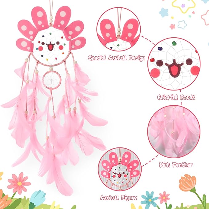 Geelin Axolotl Dreamcatcher Wall Decor Cute Animal Wall Hanging Dreamcatcher with Feather Axolotl Birthday Party Handmade Gifts for Girls Room Bedroom DIY Decor