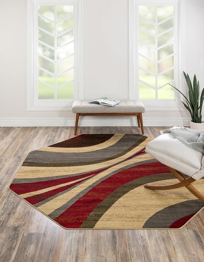 Unique Loom Barista Collection Area Rug - Ngada (6' 1" Octagon, Beige/Red)