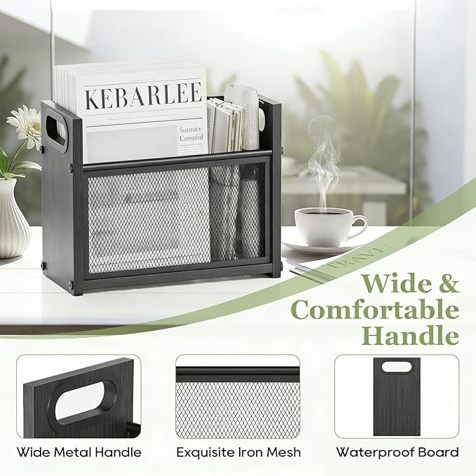 Magazine Rack & Holder, Mesh Magazine Rack Floor, Multi-Purpose Storage Organizer for Magazines, Books, Newspapers, Mail, Tablets | Magazines Storage Basket for Home, Office, Bathroom, Black Walnut