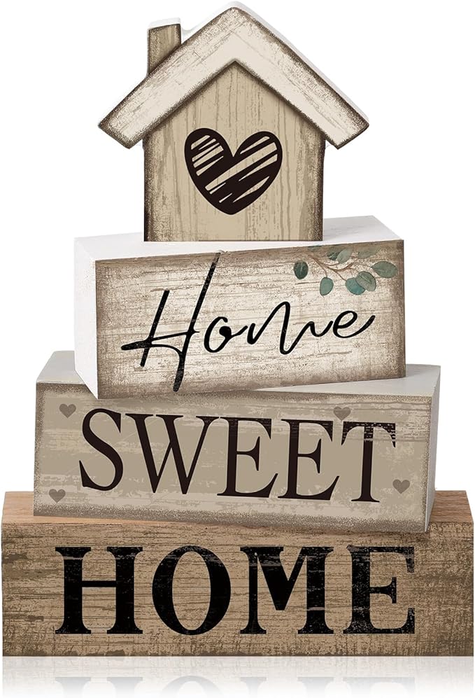 Moucuny 4 Pcs Wooden Farmhouse Tabletop Decor Rustic Home Tiered Tray Decor Decorative Highland Cow Home Eucalyptus Block Signs Gift Farmhouse Table Decoration for Kitchen Shelf(House)