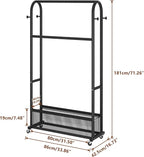 MOYIPIN Double Rods Clothing Rack with Wheels,Clothing Organizer for Hanging Clothes Coat Scarves Bags,Multi-functional Bedroom Garment Rack,4 Hooks,Black