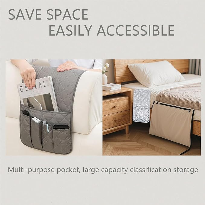Remote Control Holder for Couch, Armchair Caddy for Recliner Sofa Armrest Organizer, PU Waterproof Non-Slip Bedside Storage with 5 Pocket for Cell Phone TV Remote Magazine Tablet Glass Grey