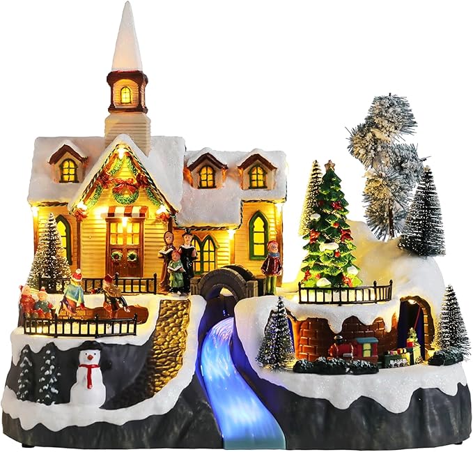MUMTOP Christmas Village Snow Church with Rotating Train, Light Up Animated Moving Skaters and Christmas Tree with Music for Indoor Holiday Xmas Tabletop Decor