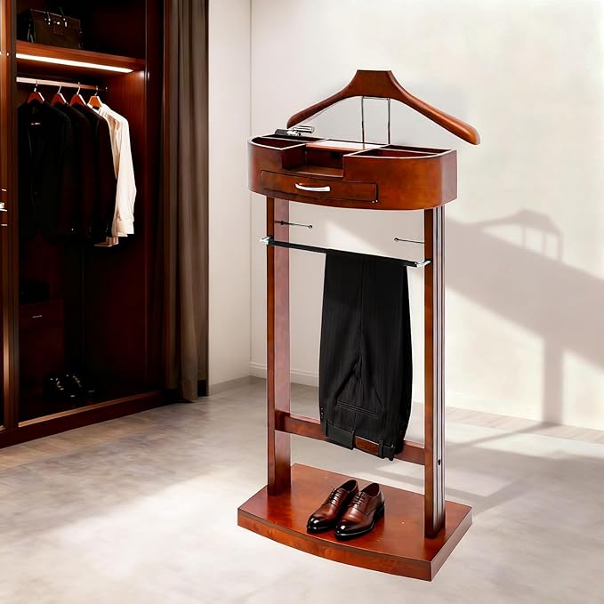 Valet Stand for Man and Women, Wood Suit Rack Suit Valet Stand with Top Tray, Valet Suit with Drawer Valet Stands Men Valet Brown Suit Valet Clothes Rack for Entryway Office Living Room