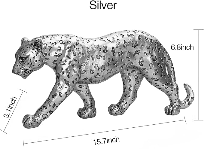 Cheetah Statue Home Decor Leopard Sculpture Resin Sitting Cheetah Figurine Desktop Table Top Ornament Decoration for Home Office-Gold Or Silver (Walking-Silver)