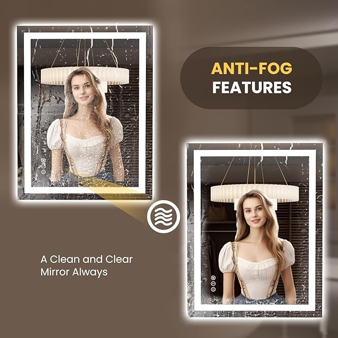 LOAAO 27.6"x35.4" LED Mirror for Bathroom, Lighted Bathroom Mirror with Lights, Anti-Fog, Dimmable, Memory Function, Clear Reflection