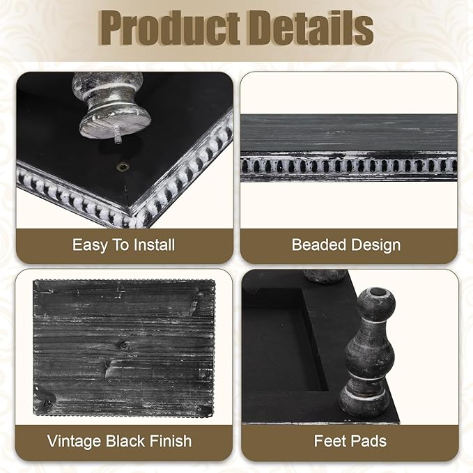 MAONAME Wood Display Risers Decorative Tray, Farmhouse Pedestal Stand for Display Home Decor, Vintage Black Beaded Wooden Tray for Kitchen Counter, Short and Tall Footed