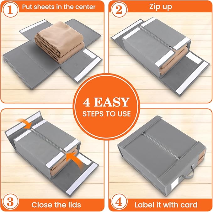 WOWBOX Sheet Organizers and Storage,Closet Bed Sheet Organizer Under Bed Storage and Organization with Label Cards & Clear Window for Bedding Sheets,Duvet Covers,Blankets (8 Pack，Gray)