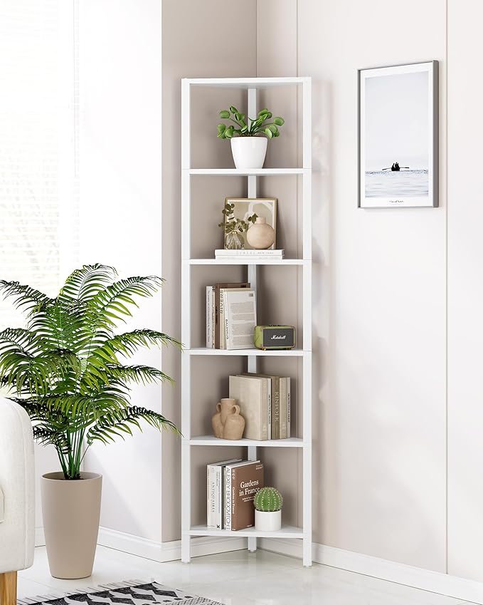 TUTOTAK 6-Tier Corner Bookshelf,Corner Shelf for Small Space, Narrow Display Corner Shelf Stand with Storage Rack, for Living Room, Bedroom, White BS05BW006
