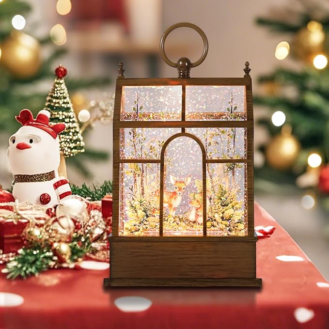 Christmas Snow Globe Lantern Greenhouse Water Glittering Globe with Little Lawn 6H Timer Function Christmas Snow Globes 3 AA Battery Operated for Christmas Festival Decorations Gifts (Greenhouse)