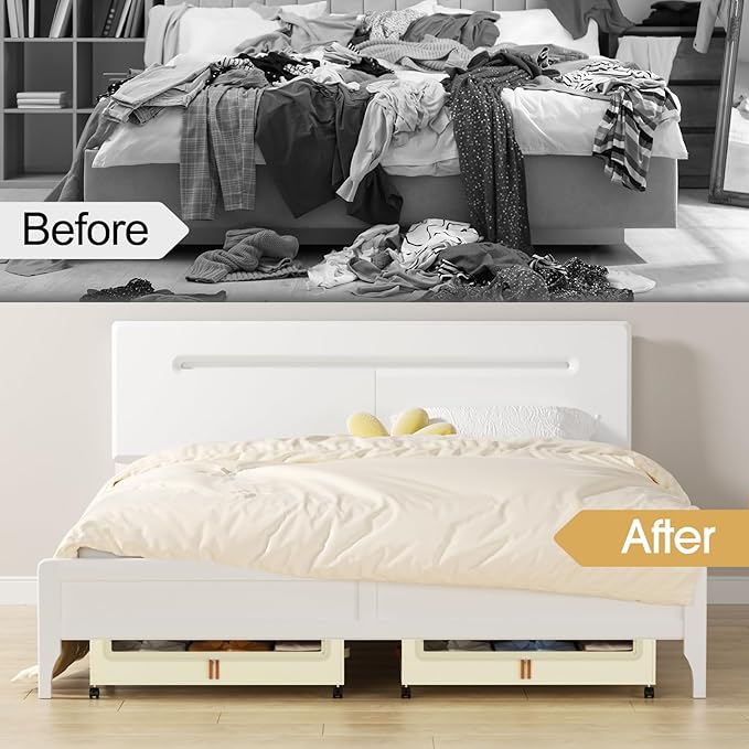 Yecaye Under Bed Storage with Wheels, 2 Pack Under the Bed Storage Containers with Lids & Label, XXL 60L Rolling Underbed Storage Drawers for Clothes, Blankets, Shoes, Beige