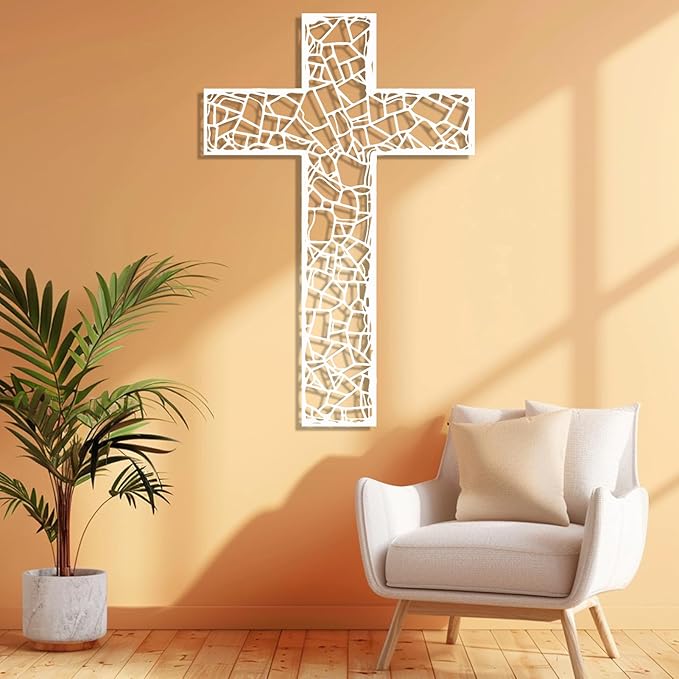 WORGO White Metal Cross Wall Decor Iron Christian Cross for Home Church, Hollow Out Artistic Hanging Ornament, Crosses Wall Decor for Living Room, Bedroom, Decorative Thankful Religious Gift 35.4x23.5 inch