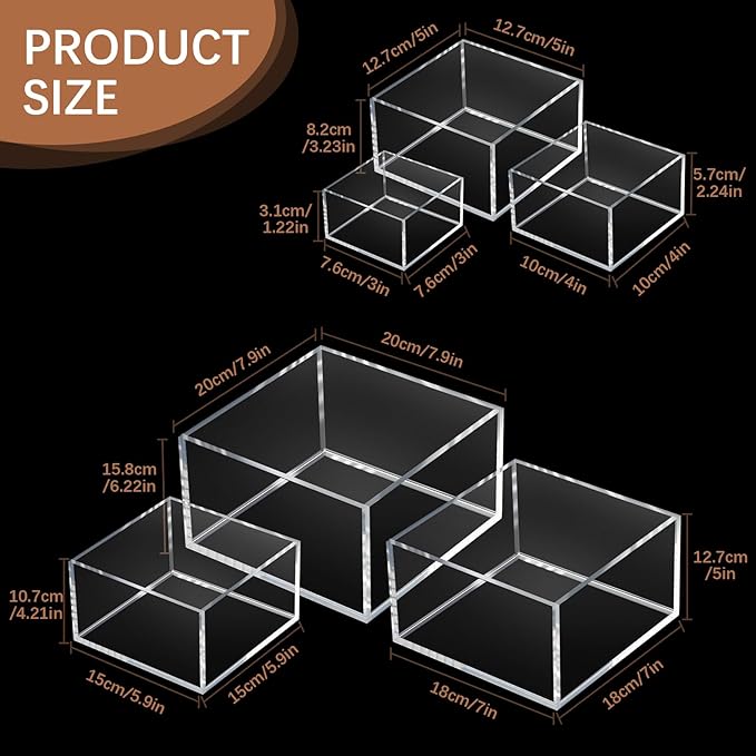 Geelin 6 Pack Acrylic Risers for Display Acrylic Cube Boxes Risers Display Stands with Hollow Bottoms Decorative Stand for Jewelry Candy Table Decor 6 Sizes(Clear,3 to 8 Inch,Square)