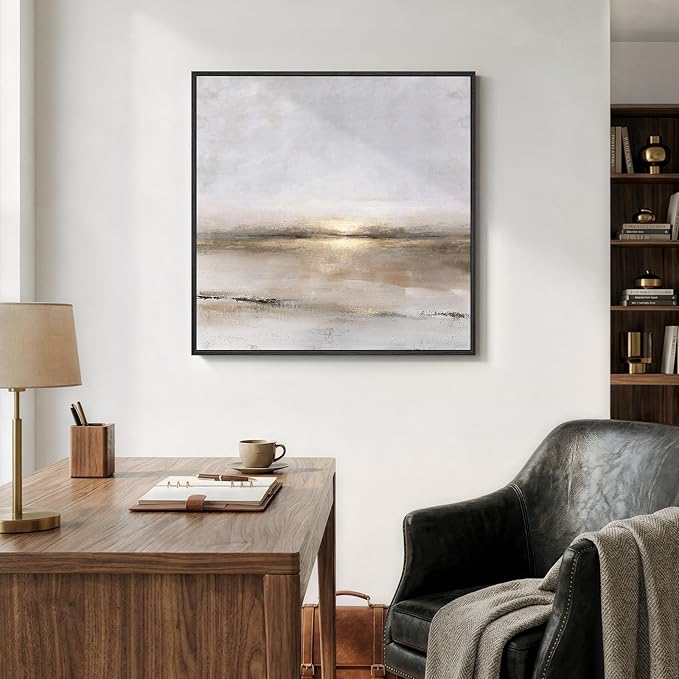 Framed Neutral Abstract Landscape Wall Art, Modern Gray Black Gold Canvas Prints Artwork for Walls, Minimalist Square Pictures for Living Room Bedroom Dining Room Hallway Office Wall Decor, 30x30 In