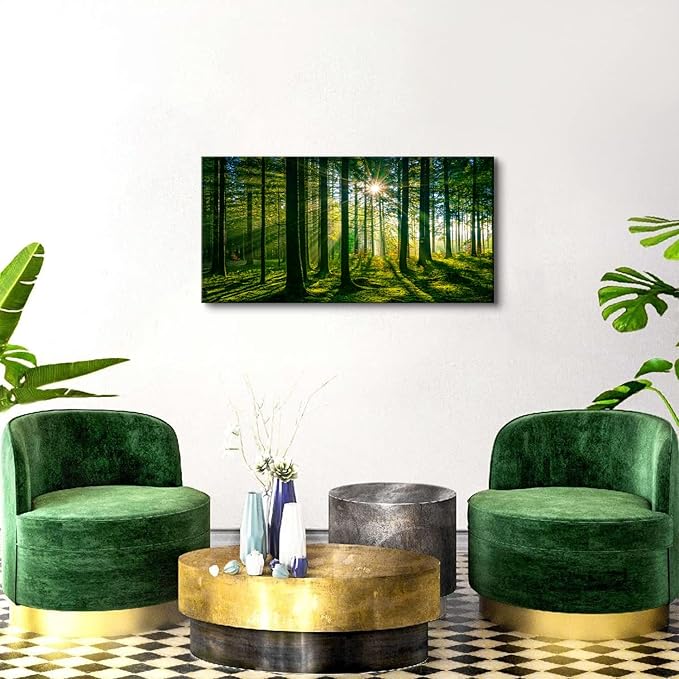 Forest Canvas Wall Art Green Mountain Wall Decor Tree Forest Landscape Prints Pictures Nature Woodland Sunrise Scenery Posters Paintings Modern Artwork for Living Room Bedroom Home Decorations 24x48”