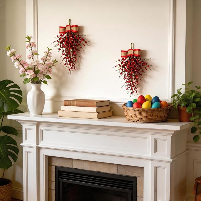 Forsythia Spring Teardrop Swag, 2Pcs Artificial Spring Summer Floral Hanging Swags with Bow for Door Wall Mantel Window Wedding Home Decor (Red)