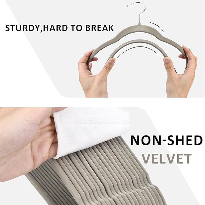 ELONG HOME Velvet Hangers - 50 Pack, Grey Slim Felt Hangers with 360 Swivel Hook, Non-Slip Heavy Duty for Coats & Pants