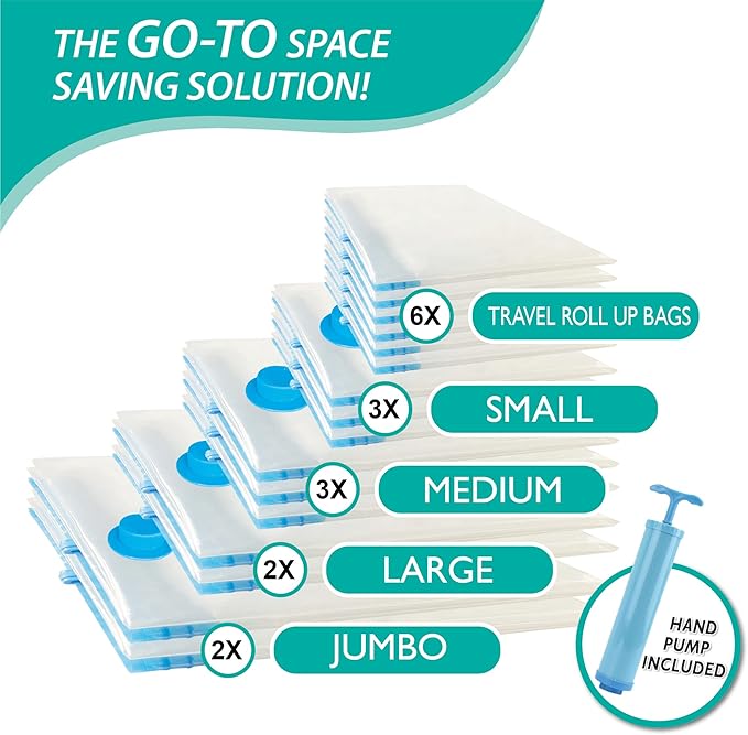 Cozy Essential Vacuum Storage Bags, Compression Space Saver Bags for Clothes, Comforters, Blankets, Pillow, Bedding, Sealer Clothing Storage,16 Combo