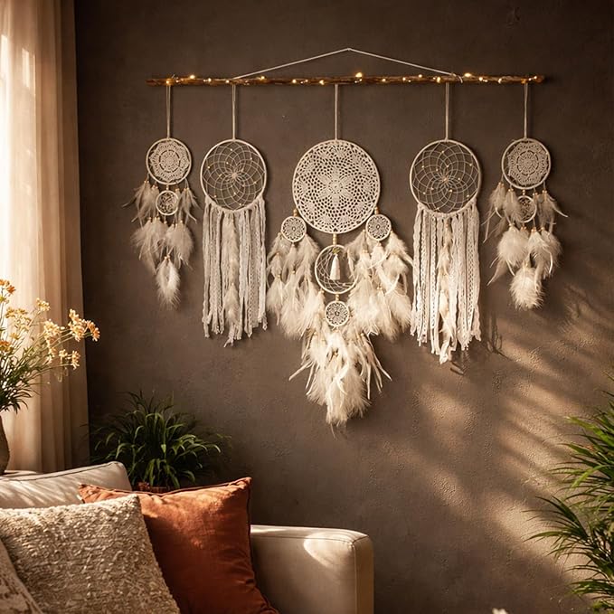 5 Pack Boho Dream Catcher Wall Hanging - White Handmade Dream Catchers Large Small Wall Decor for Bedroom Adult Sun and Moon Bohemian Hanging Decor Wedding Party Decoration for Women Teen Girls