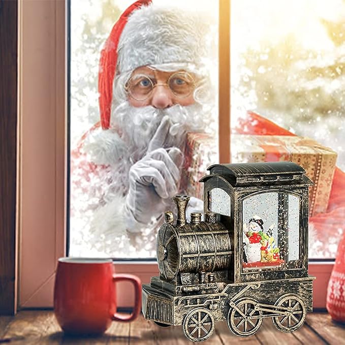 Music Snow Globe Train Lantern with Music and Timer, Battery Operated and USB Cable Snowman Lighted Snow Globe Spinning Water Glitter (Bronze, USB Included)