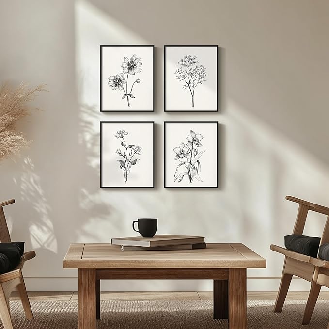 Framed Black and White Bathroom Wall Art, 4 Piece Vintage Floral Canvas Prints Artwork for Farmhouse, Rustic Minimalist Flower Botanical Pictures for Bedroom Living Room Wall Decor, 8x10x4 (Pack)
