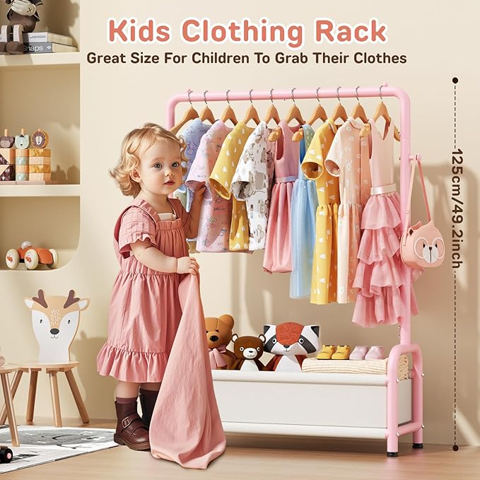 Kids Clothing Rack with Storage Shelf, Kids Dress Up Storage for Coats, Small Baby Garment Rack for Hanging Clothes, Toddler Wardrobe Closet Organizer (Classic, Pink)