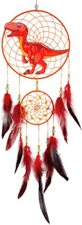 Basumee Dream Catcher for Kids Feather Dream Catchers Handmade Home Decor Wall Hanging with Double Ring for Nursery Bedroom Boys Room, Red Dinosaur