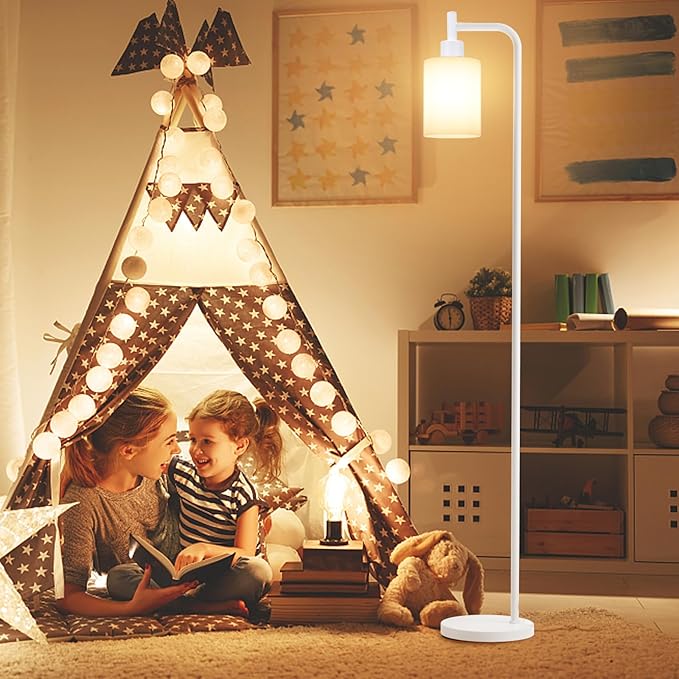 Ziisee Floor Lamps for Living Room - Industrial Standing Lamp with Glass Shade, Modern White Floor Lamp with LED Bulbs, Farmhouse Floor Lamp for Bedroom, Tall Lamp for Office - White