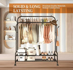 Antiwar Sturdy Metal Double Rodding Clothes Rack With Wheels, Portable Clothing Rack With Shelves & Hooks, Heavy Duty Garment Racks for Hanging Clothes, Multi-Functional Closet Rack for Bedroom, Black