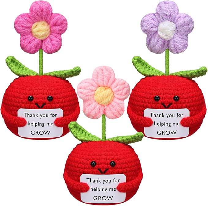 Wavwavw 3 Pack Teacher Appreciation Gift Positive Flower Handmade Crochet Doll Thank You for Helping Me Grow Gifts Back to School Gifts for Women Teacher(Apple Puff Flower)