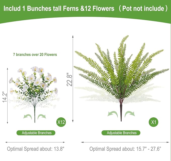 Artificial Flowers for Outdoors Faux Plants Outside Indoor,UV Resistant Silk Fake Petunia Tall Ferns for Home Patio Garden Back Yard Front Poch Decor Spring Summer(13 Bunchs,White)