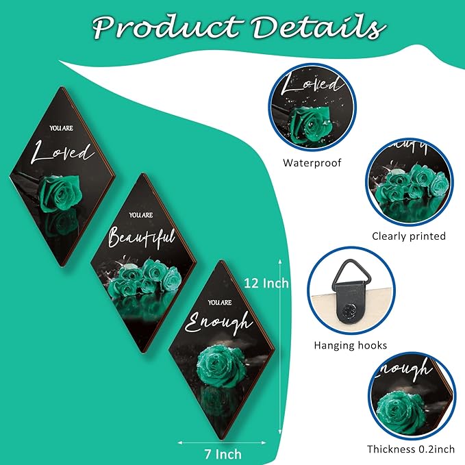 ONIZHITY 3-Piece Rose Wooden Wall Decor - Positive Quotes, You Are Beautiful, for Bedroom, Kitchen, Bathroom & Wedding (Teal, 12 x 7 inch)