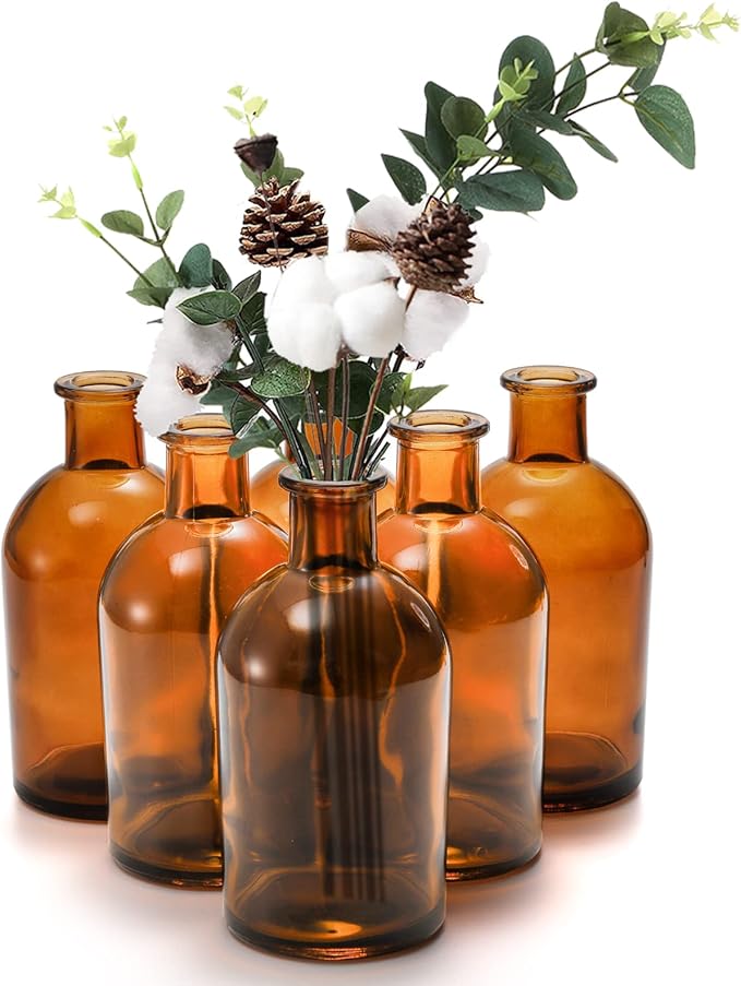YOUEON 16 Pack Amber Glass Bud Vases, Small Bud Vases in Bulk, Glass Flower Vases for Centerpieces, Vintage Decorative Bottle Vases for Flowers, Home Decor, Wedding Reception, Office