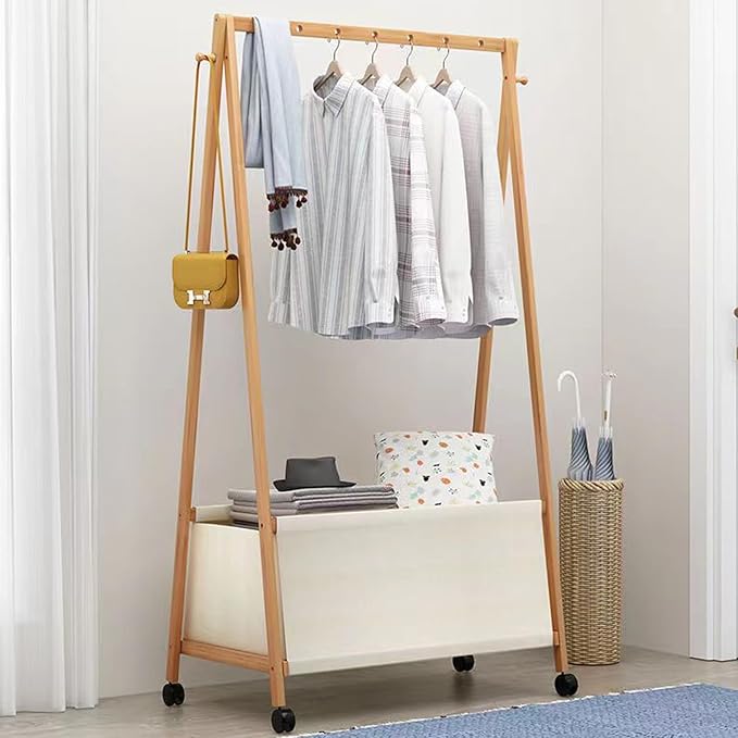 Bamboo Clothing Rack with Top Hanging Garment Rod, 2 Side Hooks & Bottom Fabric Storage Basket and 360° Rotating Wheels, Space-Saving Organizer for toys, Hats, Bags & folded clothes