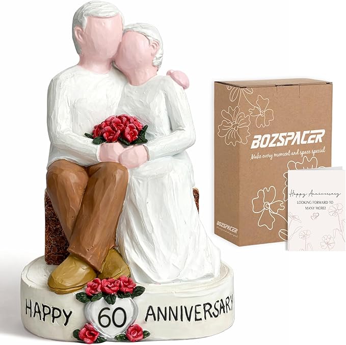 60th Wedding Anniversary Couple Figurine Gift for Parents, Happy 60th Anniversary Decoration, Diamond Wedding Keepsake Statue for Husband Wife, 60 Years Marriage Gift for Couple