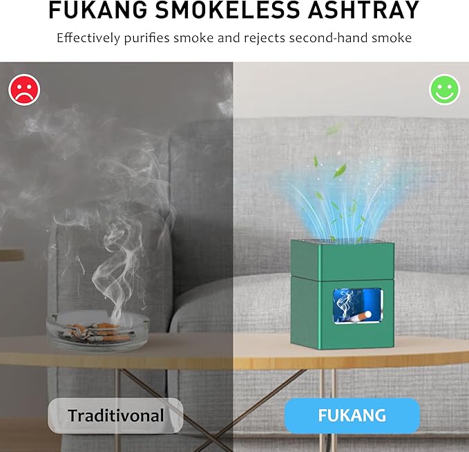 Aluminum Housing Smokeless Ashtray, Multifunctional 3 in 1 Smoke Ashtray with Lighter & USB Rechargeable, HEPA Filter, Home or Office (Green)