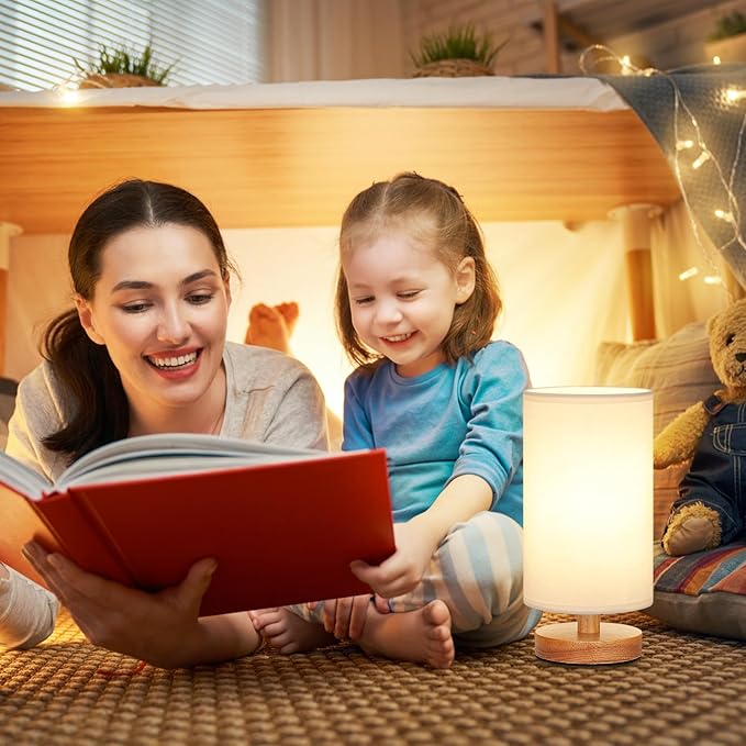 Fenmzee Small Table Lamp for Bedroom - Inline Control, Bedside Lamp with 3000K A15 LED Blub, Easy Assembly (White Shade - Wood Base, 9" Inline Control)