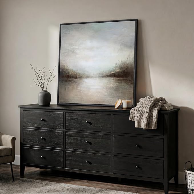 Framed Abstract Lake Landscape Wall Art, Modern Neutral Canvas Prints Artwork for Walls, Minimalist Rustic Square Pictures for Living Room Bedroom Dining Room Hallway Office Wall Decor, 30x30 In