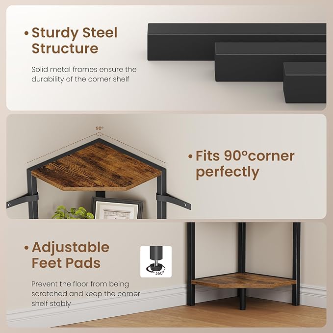 Creso hom Corner Shelf, 3-Tier Industrial Corner Bookshelf with Metal Frame, Multipurpose Corner Display Rack for Living Room Kitchen Bedroom Office Organization and Storage, Rustic Brown